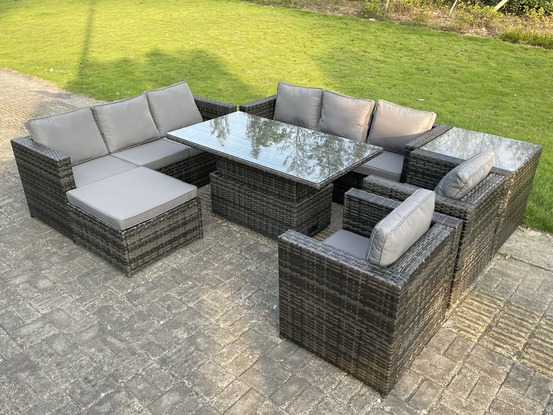 9 places extérieur rotin meubles de jardin réglable table relevable avec table latérale chaises tabouret de pied gris foncé