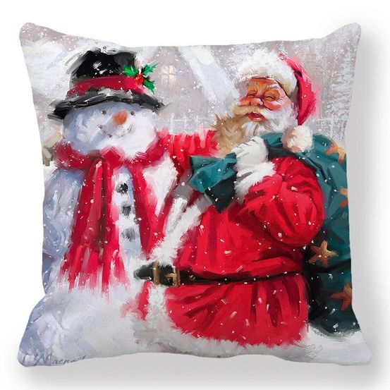 Housse de coussin de noël - père noël et bonhomme de neige