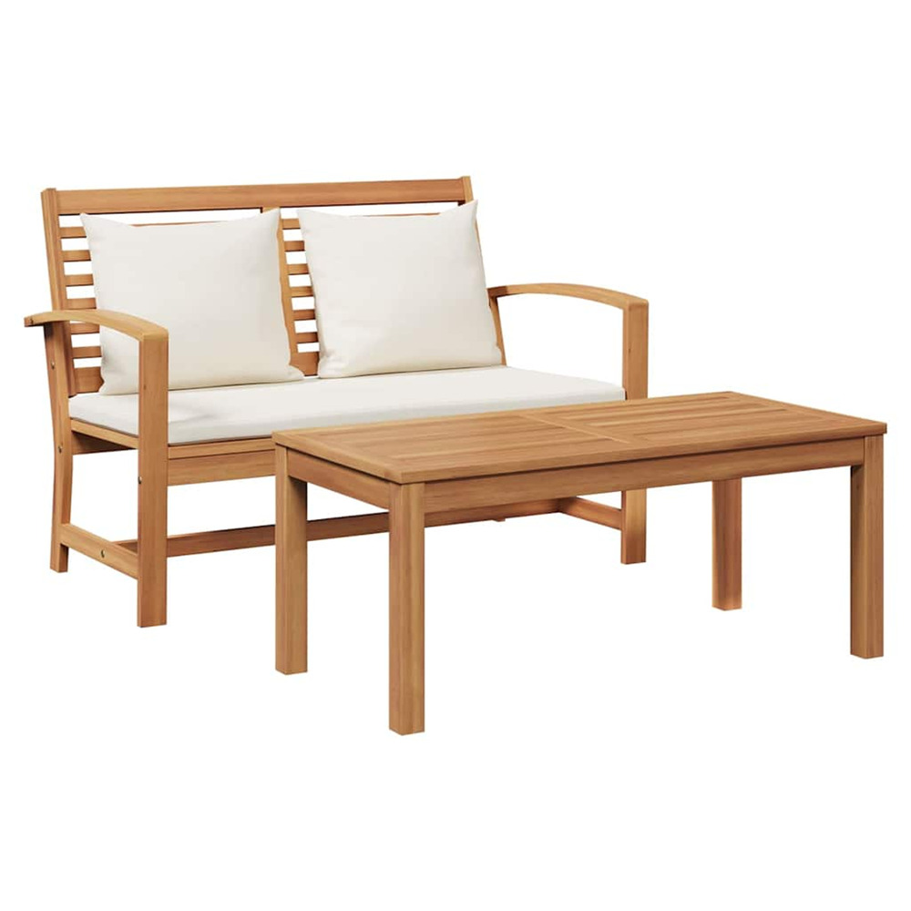 Banc avec coussin 2 pcs marron et crème bois de teck massif