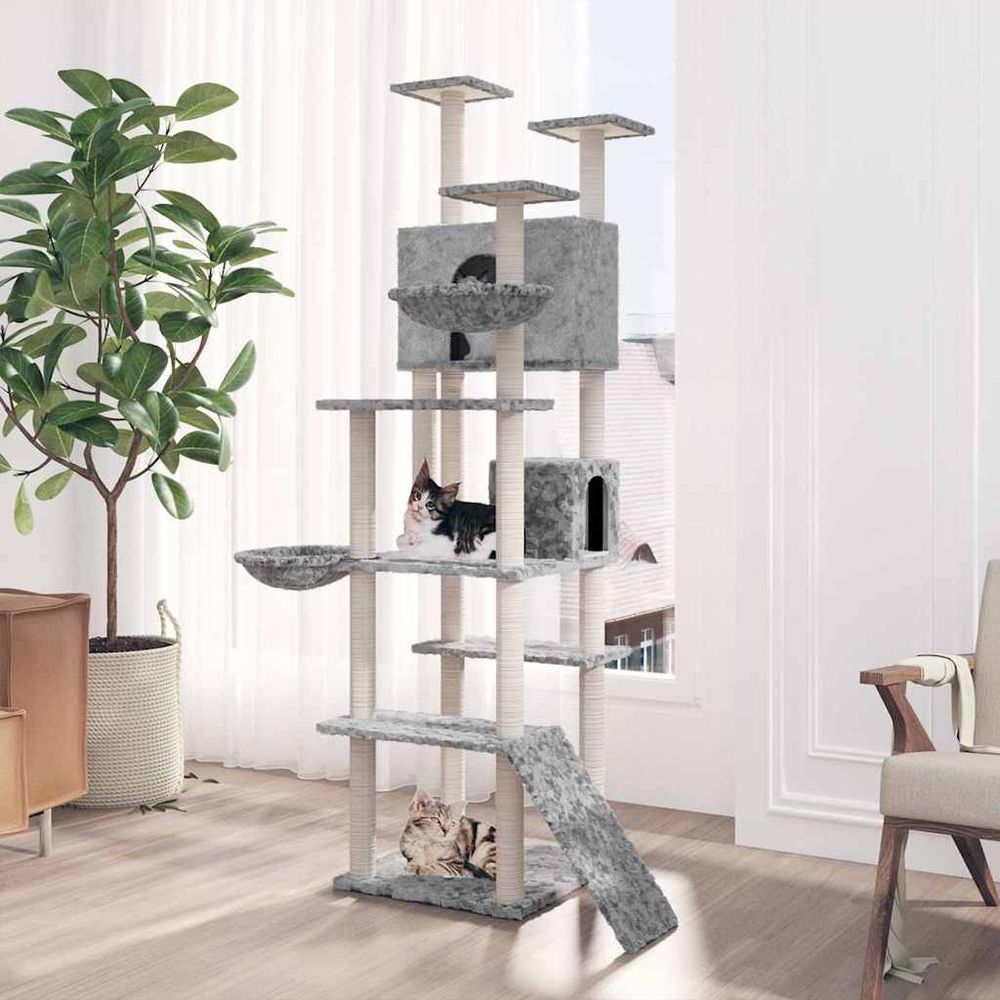 Arbre à chat xxl multi-niveaux avec échelle niches et paniers gris 191 cm