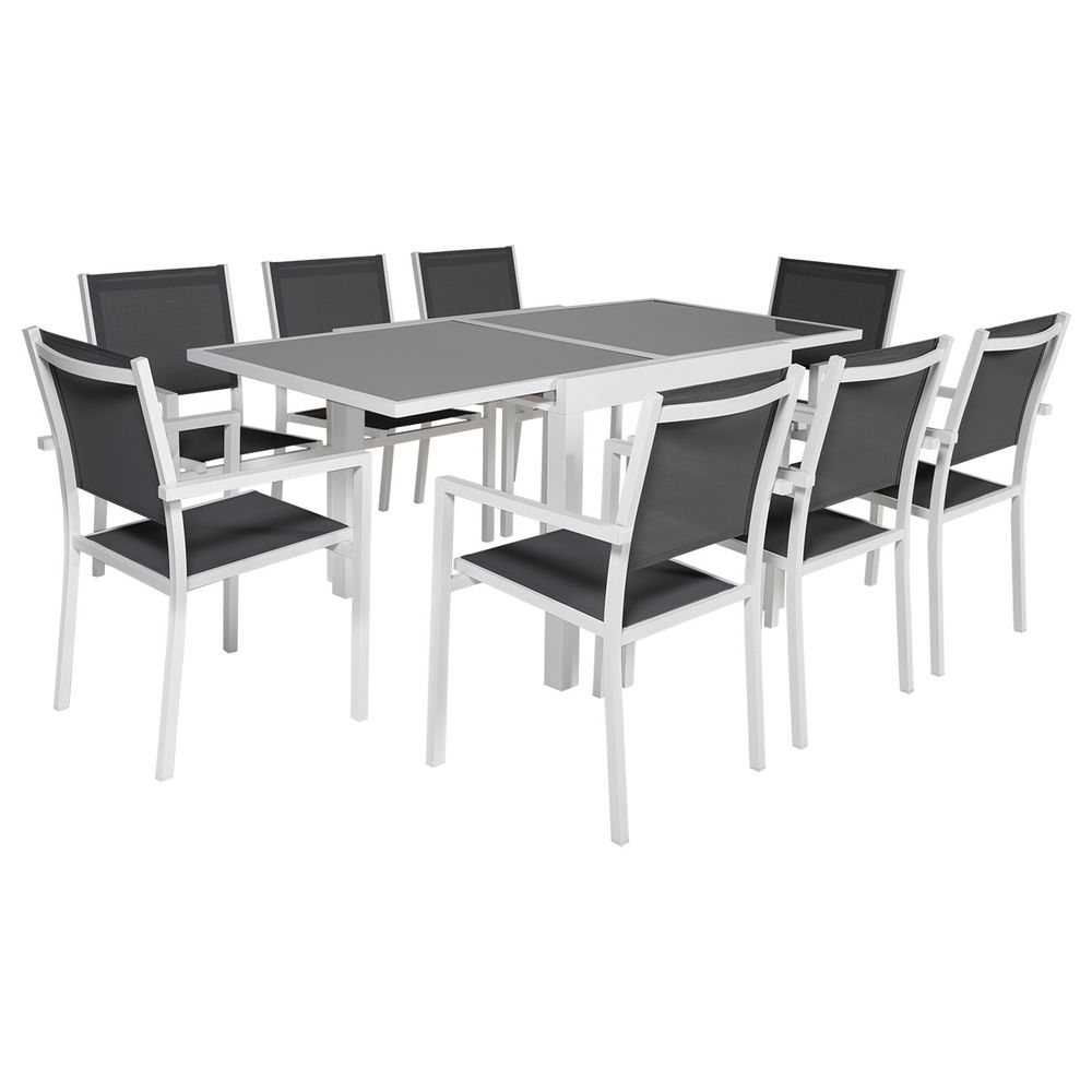 Salon de jardin lampedusa extensible textilène gris 8 places - aluminium blanc