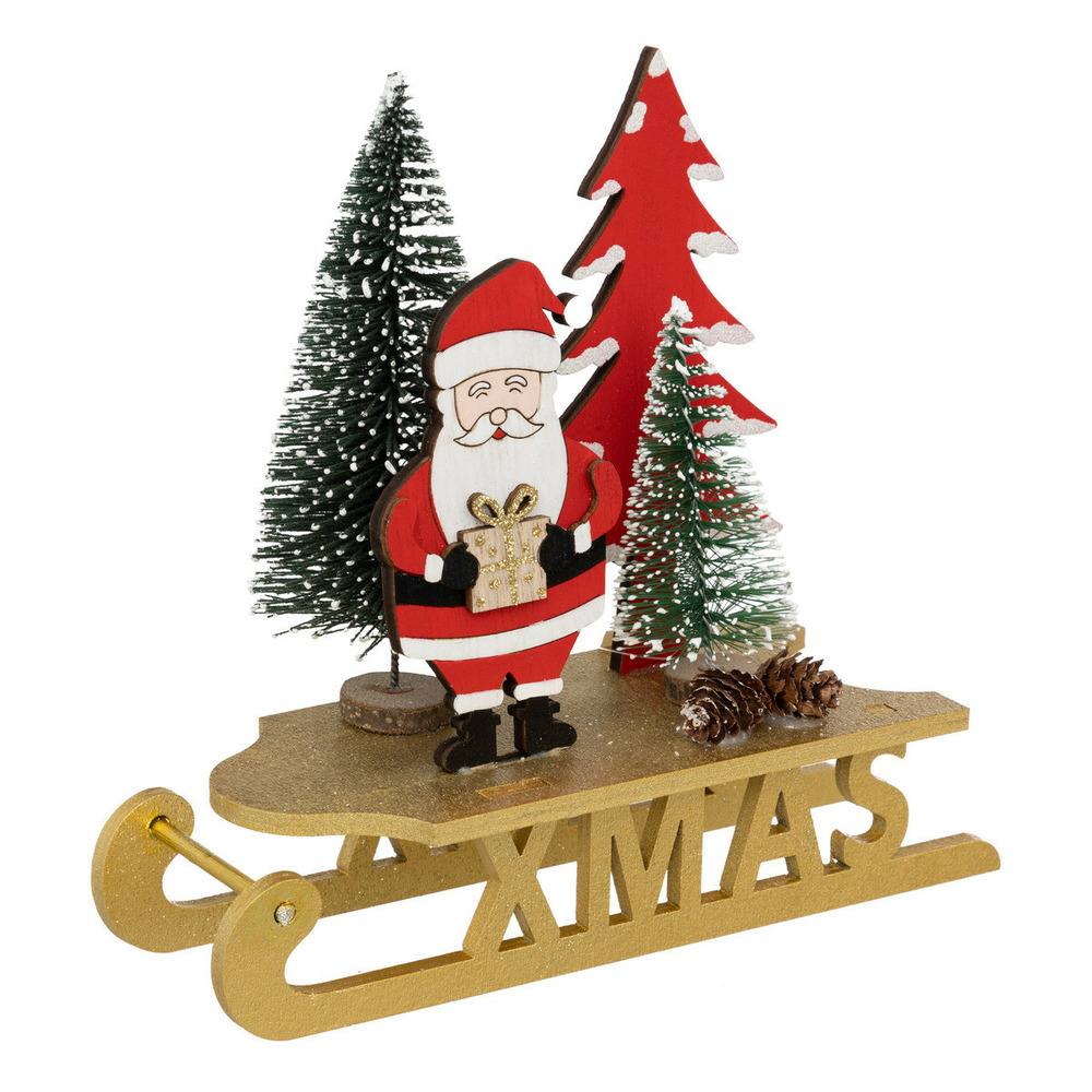 Déco de noël luge en bois xmas doré avec père noël et sapins l 19 x h 18. Cm