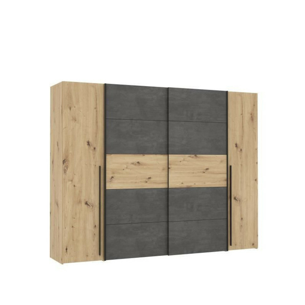 Armoire 2 portes battantes + 2 portes coulissantes - decor chene artisan et beton gris - l 270,3 x p 61,2 x h 210 cm - narago