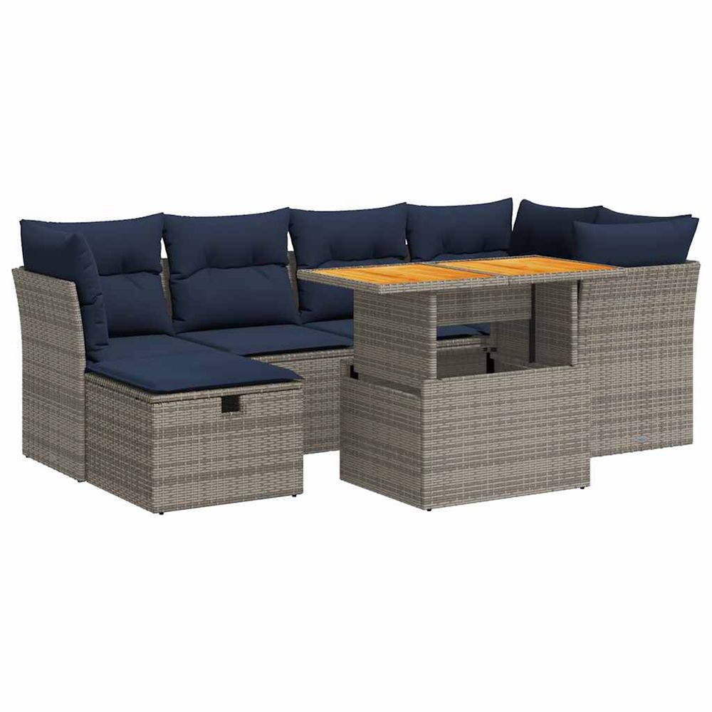 Salon de jardin avec coussins 7 pcs noir résine tressée acacia