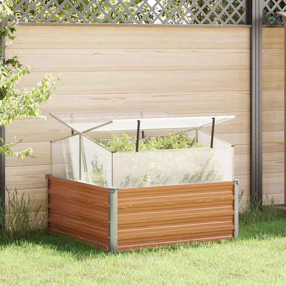 Carré potager avec serre de protection en acier galvanisé toit ouvrable pour semis précoces marron clair 100x100cm