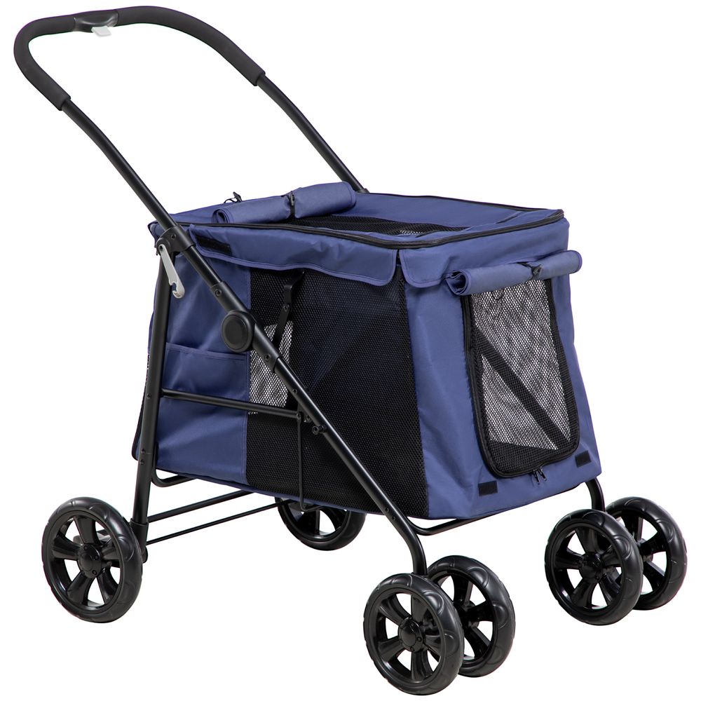 Poussette pour chien oxford acier transport animal pliable avec coussin 102x62x105 cm bleu