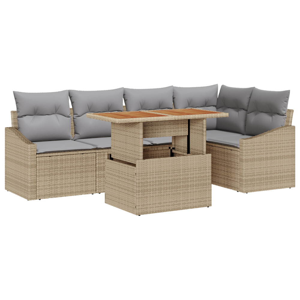 Ensemble de salle à manger de jardin 6 pièces avec coussins beige poly rotin acacia