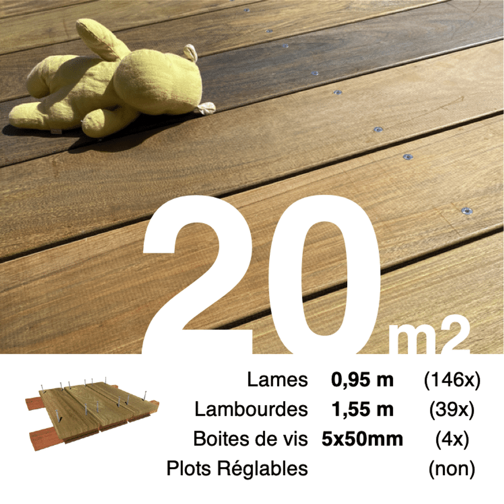 Kit terrasse bois exotique ipe pour 20 m², lames 0,95 m, lambourdes 1,55 m et visserie inox.