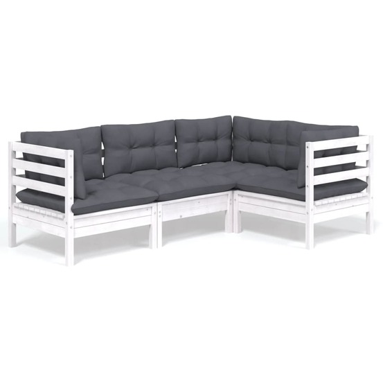 Salon de jardin 4 pcs avec coussins blanc bois de pin