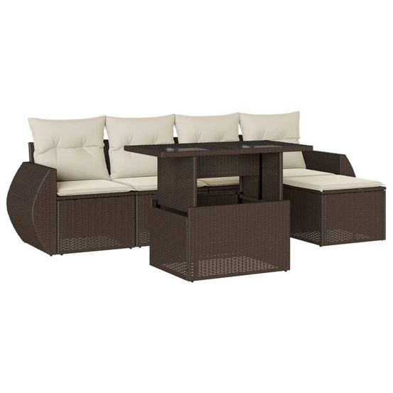 Salon de jardin avec coussins 6 pcs marron résine tressée