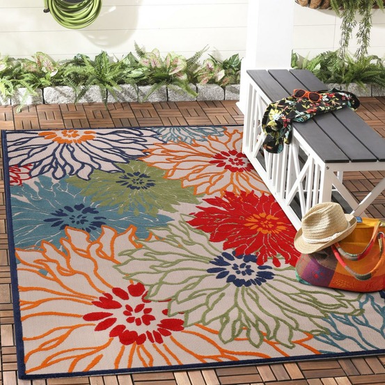 Tapis extérieur 200x290 tissé kilim bleu et beige chimeka