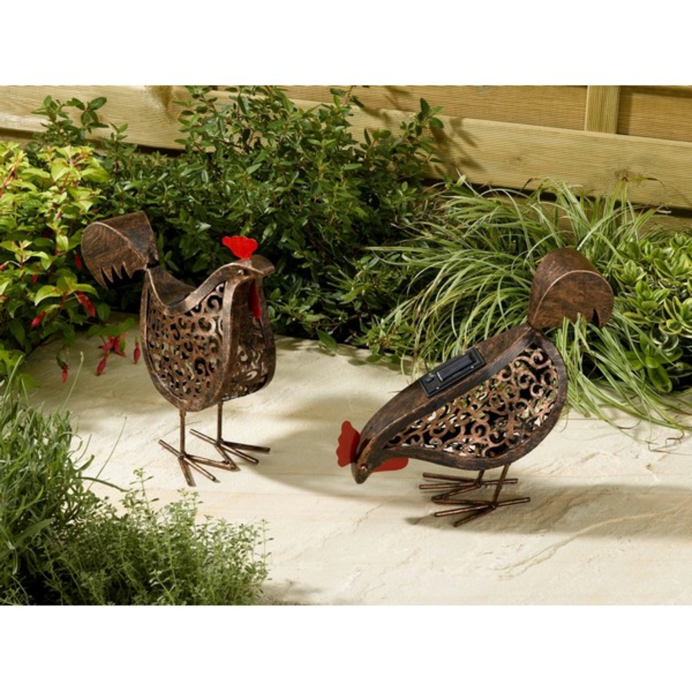 Pack de 2 poules solaires décoratives métal