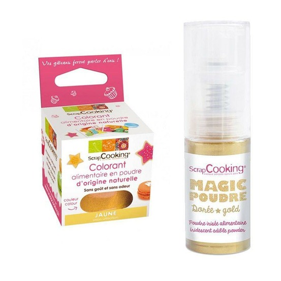 Colorant alimentaire naturel jaune + poudre irisée dorée