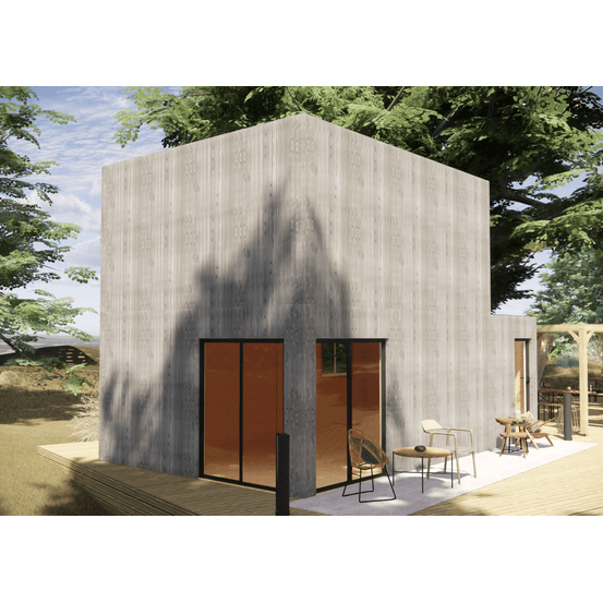 Studio de jardin bien isolé en bois 7,7 x 4,6 x 2,7 m / isolation re2020 avec mezzanine et terrasse / menuiseries alu k-line