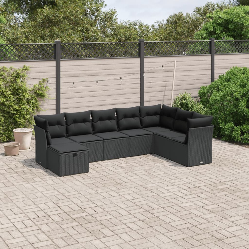 Salon de jardin 8 pcs avec coussins noir résine tressée