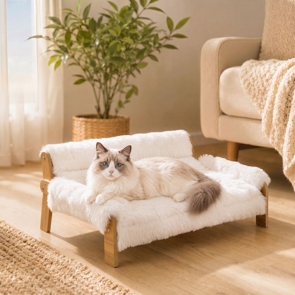 Canapé pour chien et chat en mdf et peluche blanche 70 x 47 x 30 cm pour intérieur avec coussin amovible