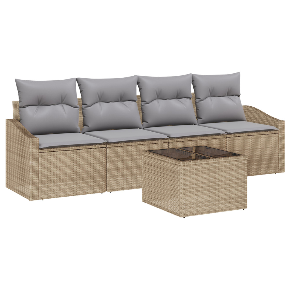 Ensemble de canapé de jardin 5 pièces avec coussins beige en rattan
