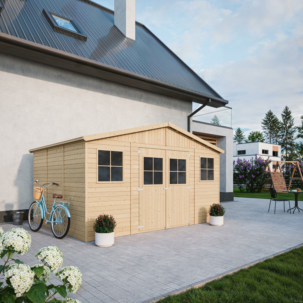 Abri de jardin en bois 12 m² - h246 x 418 x 320 cm - construction de panneaux en bois naturel - m331