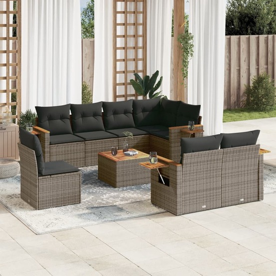Salon de jardin 9 pcs avec coussins gris résine tressée