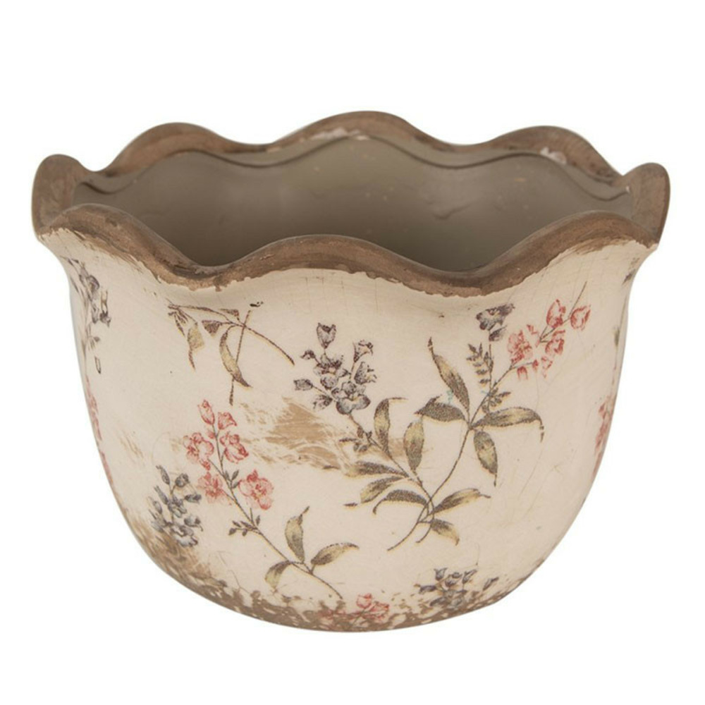 Pot motif floral céramique beige 20x20x13 cm