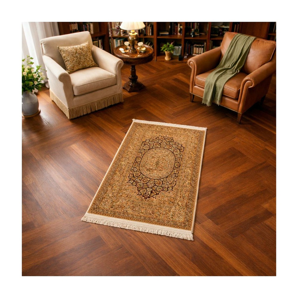 Authentique tapis d'orient 80x125 fait main en rayonne or cachemir a