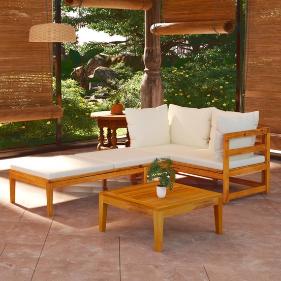 Salon de jardin 3 pcs avec coussins blanc crème bois d'acacia