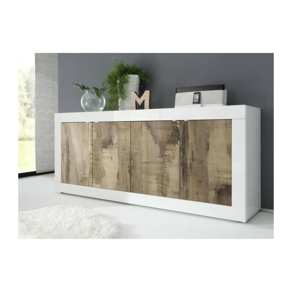 Buffet - basico - 4 portes - blanc décor chene pero - 207 x 86 x 43 cm
