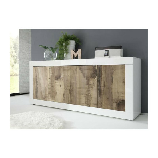 Buffet - basico - 4 portes - blanc décor chene pero - 207 x 86 x 43 cm