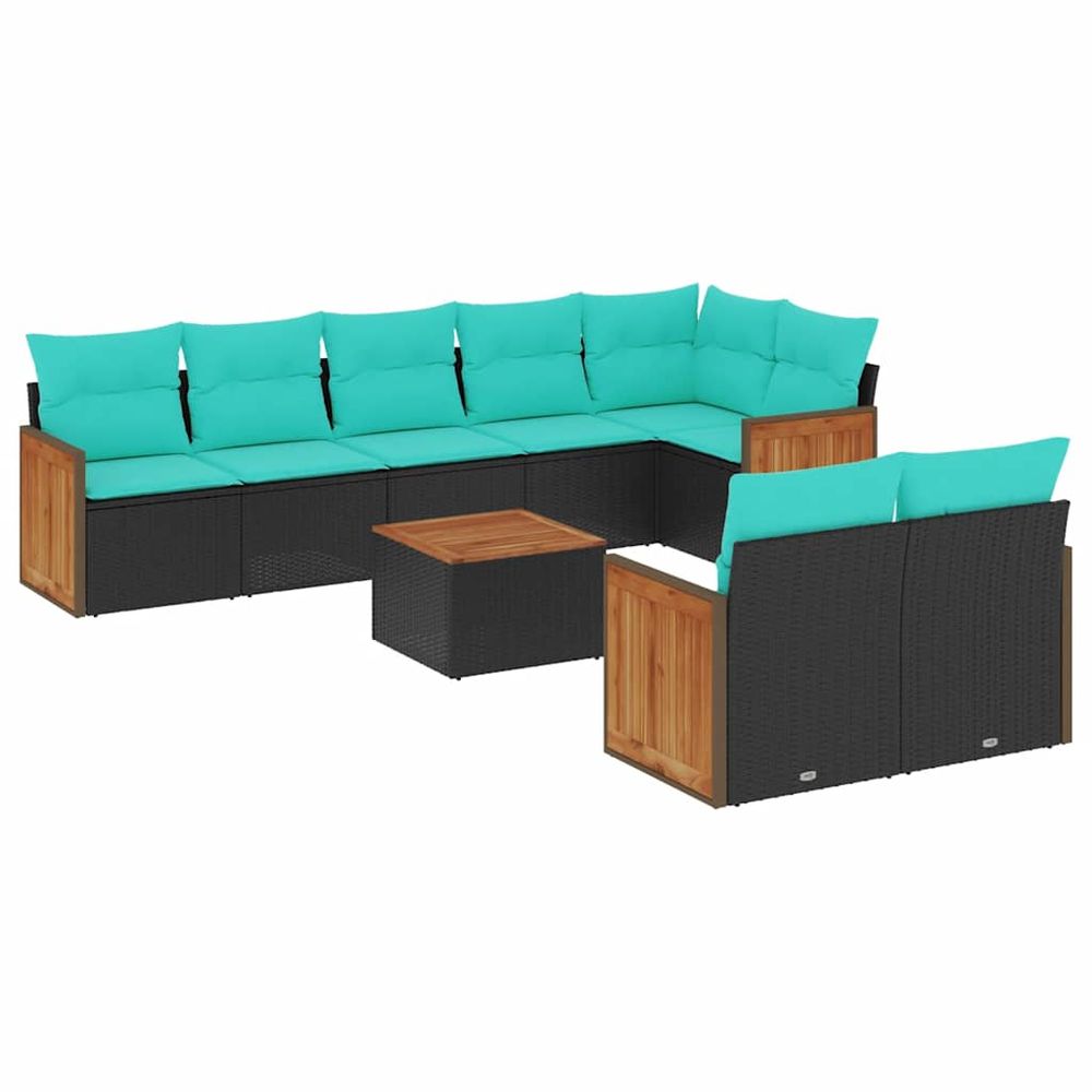 Ensemble de canapé de jardin 9 pcs avec coussins noir résine tressée
