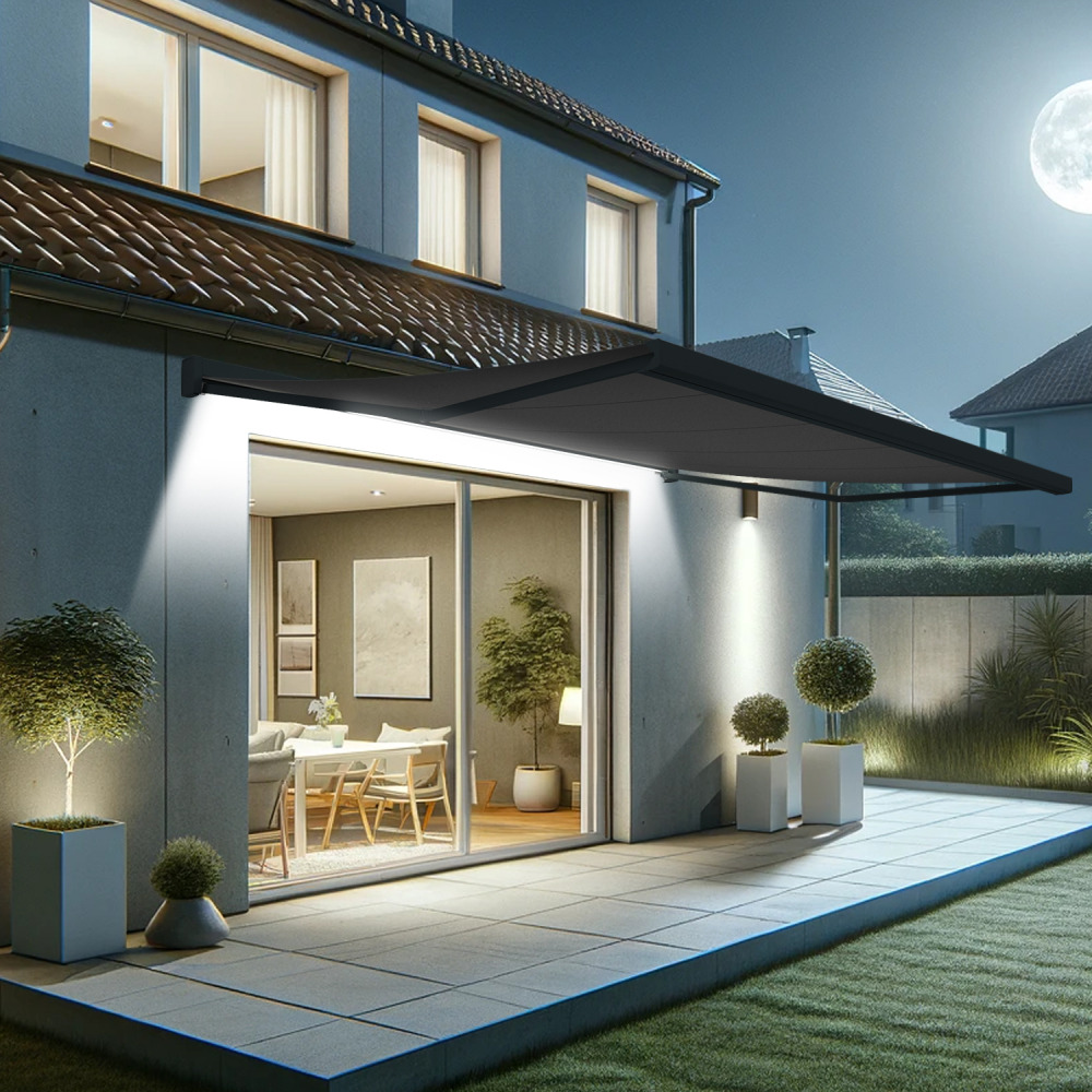 Store banne coffre intégral soa 5,00x3,50 m (motorisé secours à télécommande + led - gris anthracite ral7016st - gris graphite)