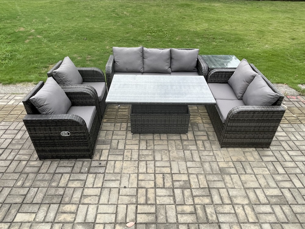 Ensemble de salle à manger jardin en rotin ave table à manger réglable en hauteur 2 chaises inclinable table d'appoint