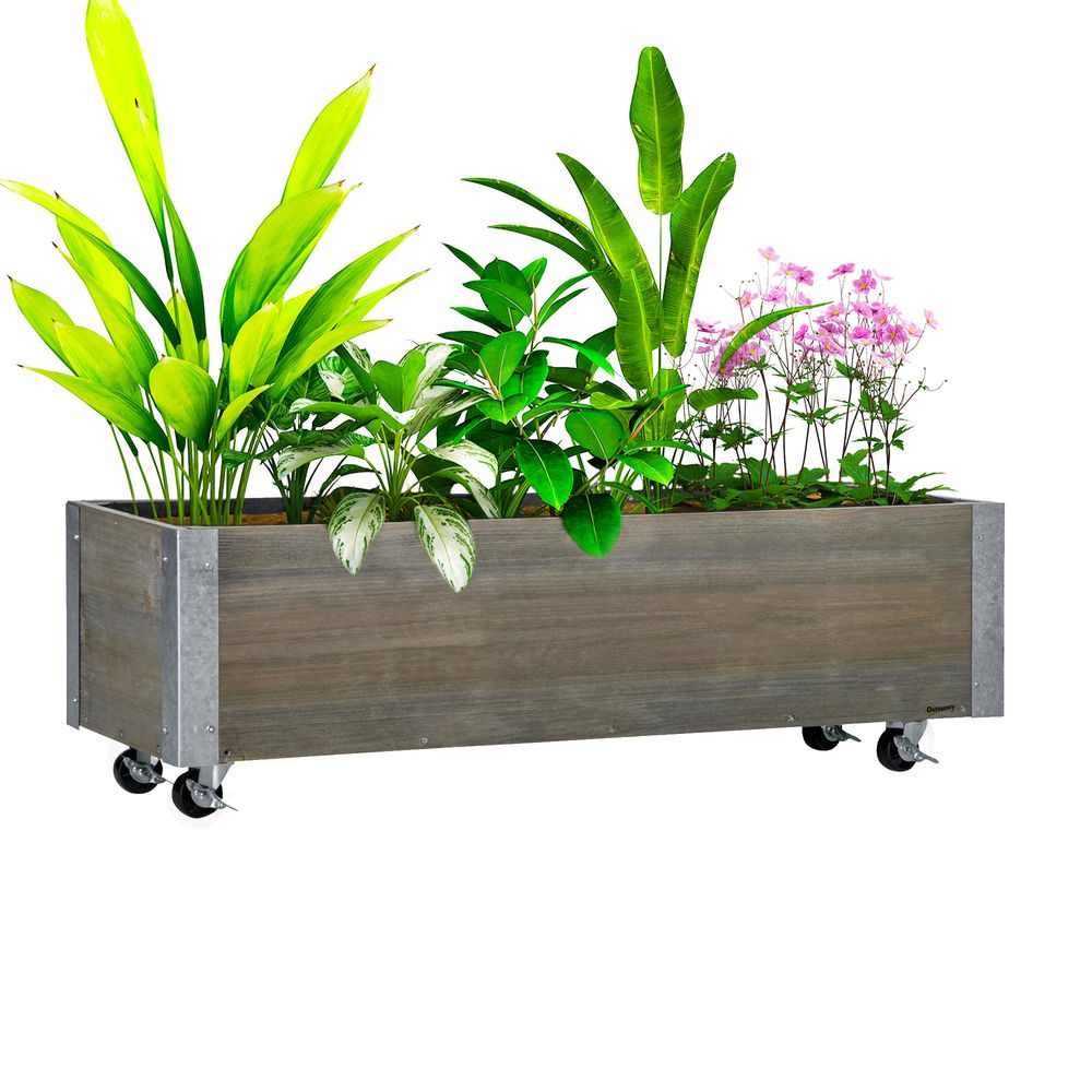 Jardinière roulettes bois sapin métal inserts irrigation drainage 96x30x30cm gris