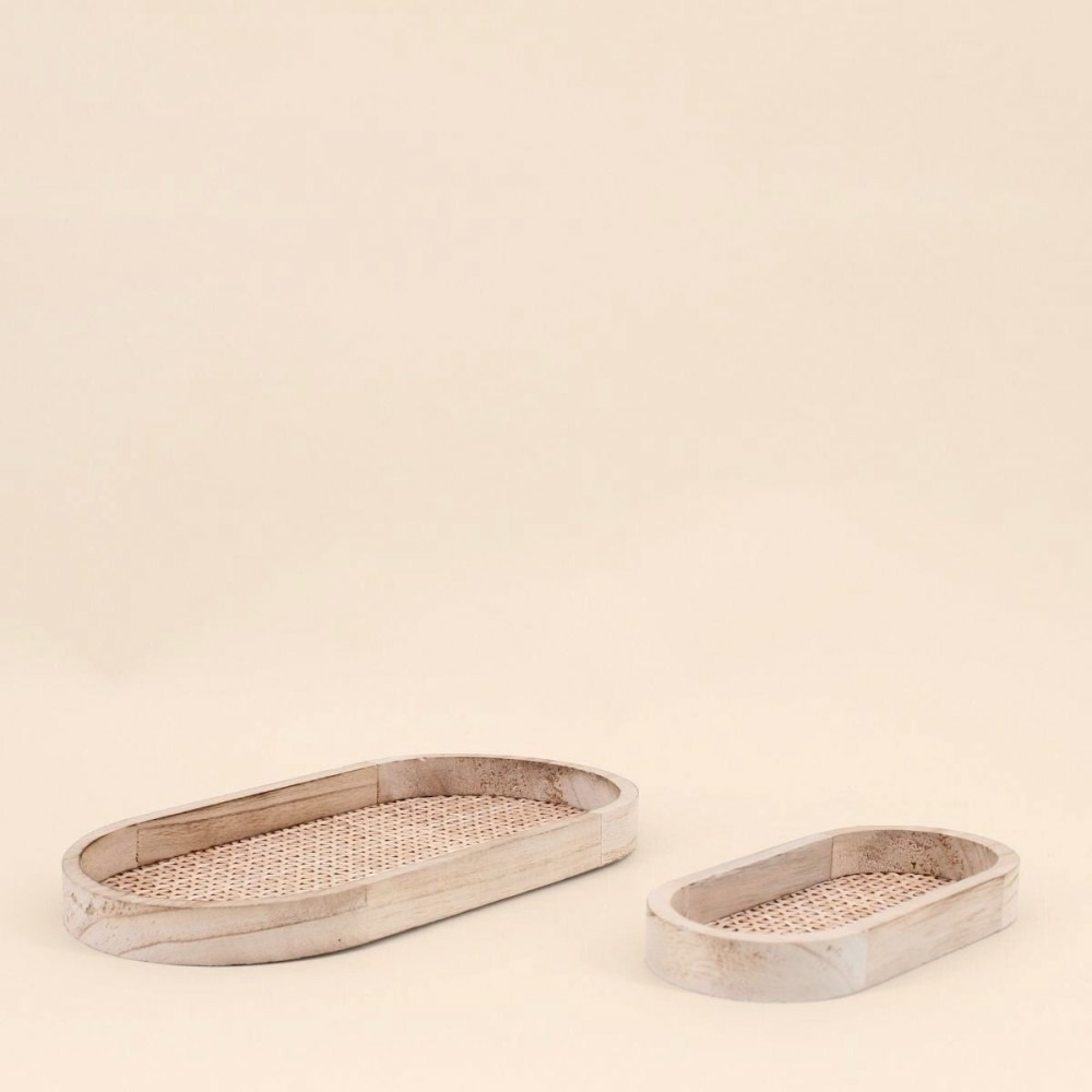 Lot de 2 plateaux ovales en bois et rotin