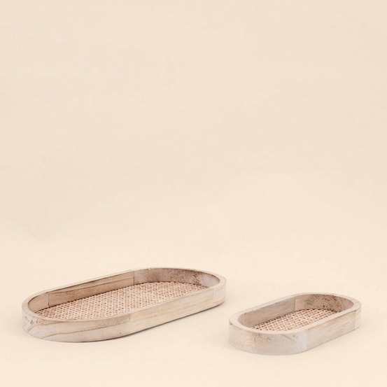 Lot de 2 plateaux ovales en bois et rotin