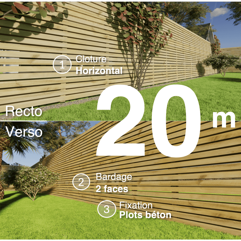 Kit clôture bois moderne 20m – h 2,3m – 20 x 60 mm autoclave vert – pose horizontal – double face – à sceller