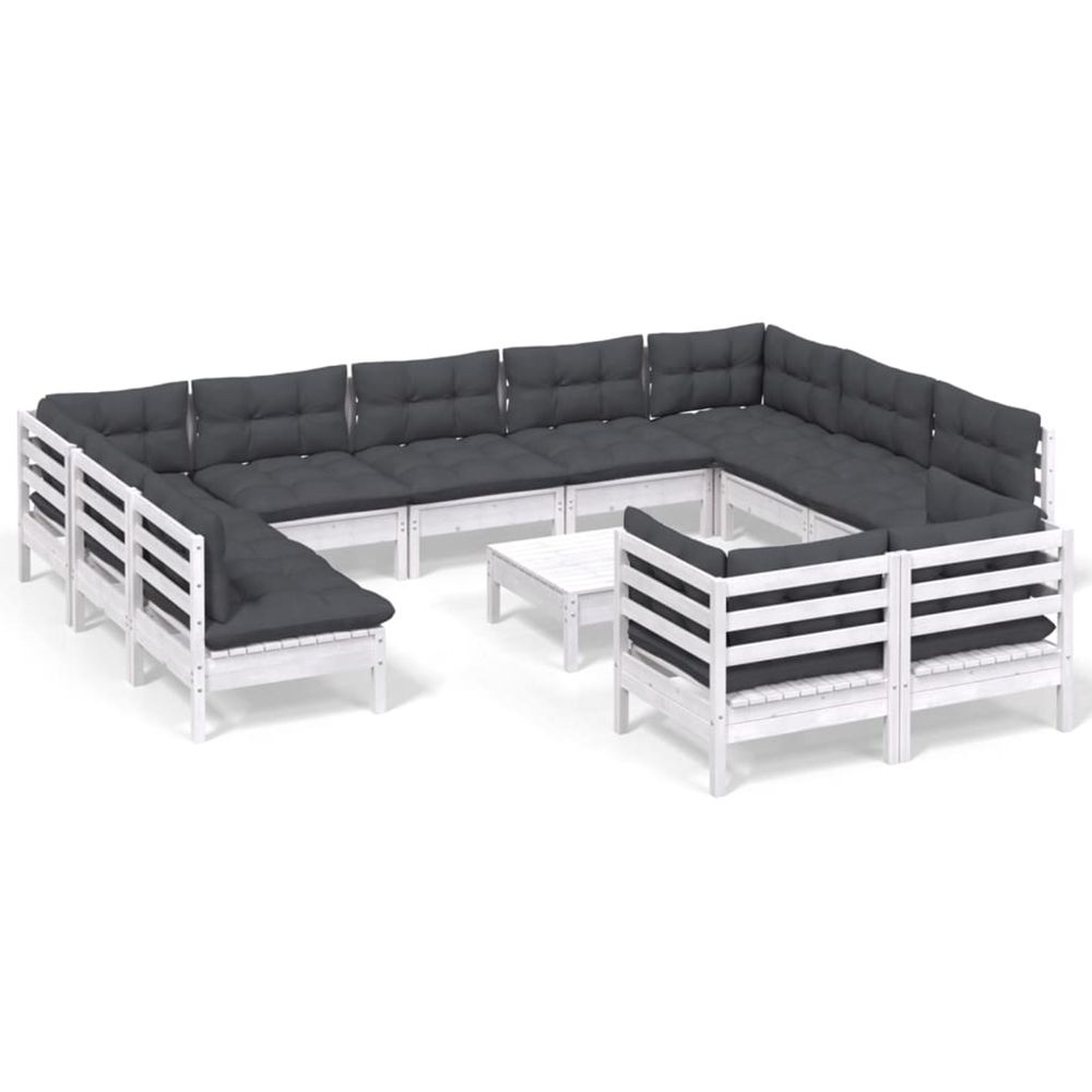Salon de jardin 12 pcs avec coussins blanc bois de pin solide