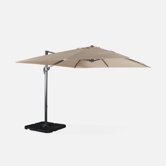 Parasol déporté carré 3x3m haut de gamme excentré inclinable rotatif à 360° + lot de 4 dalles à lester 50x50cm