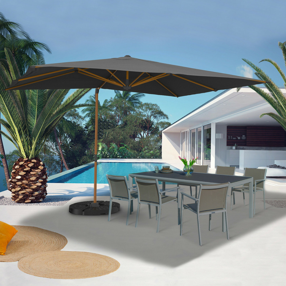 Parasol déporté inclinable rotatif 360 calvi mat effet bois et toile grise 3x4m avec housse