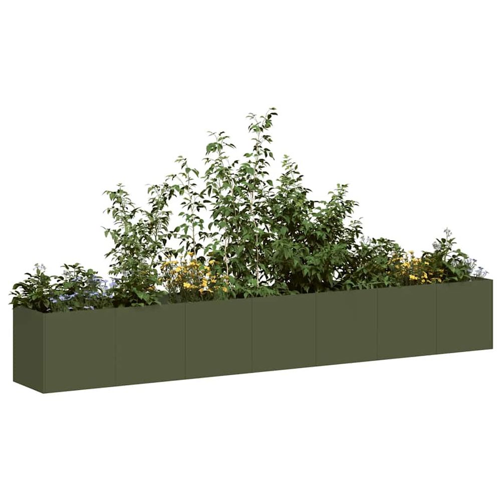 Très grande jardinière acier vert olive pour aménagement paysager 280x40 cm