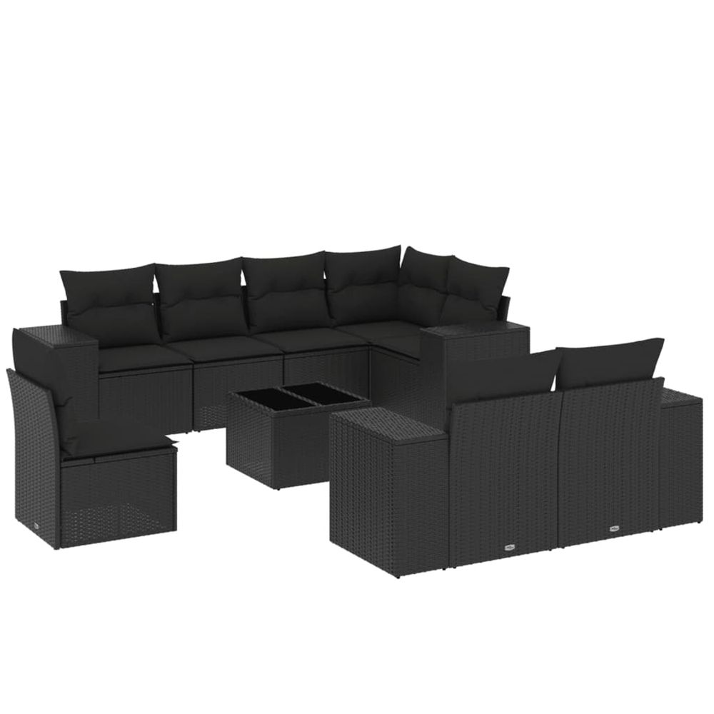 Salon de jardin 9 pcs avec coussins noir résine tressée