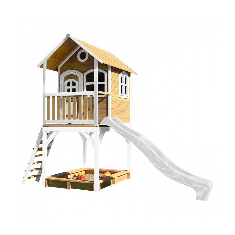 Maisonnette axi sarah en brun et blanc avec toboggan et bac à sable