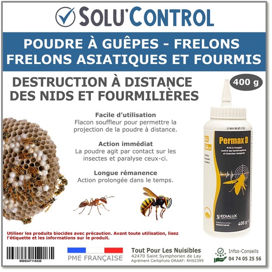 Permax D - Poudre anti-guêpes - frelons dont asiatique, fourmis, fourmilières - flacon souffleur de 400 g