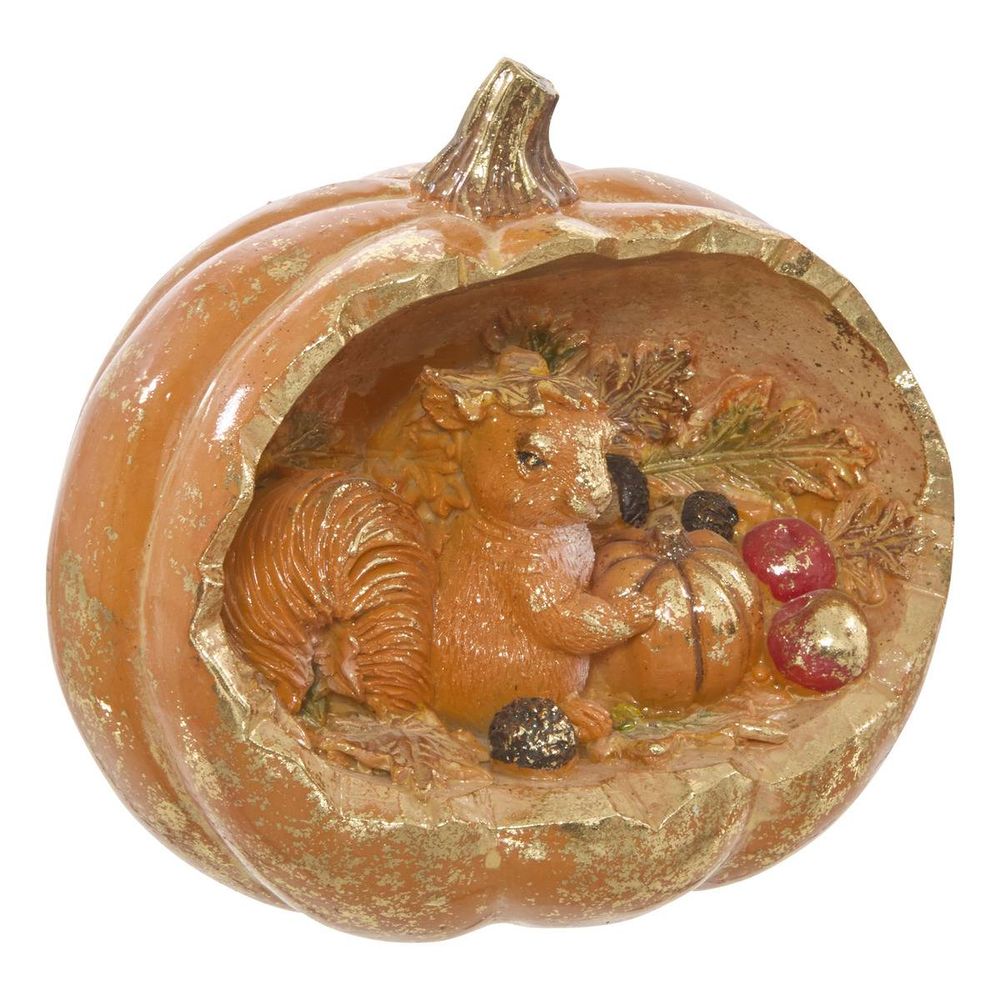 Citrouille décorative avec écureuil en résine h. 14 cm