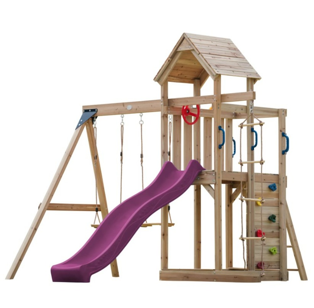 Portique moos 2 balançoires + échelle toboggan violet