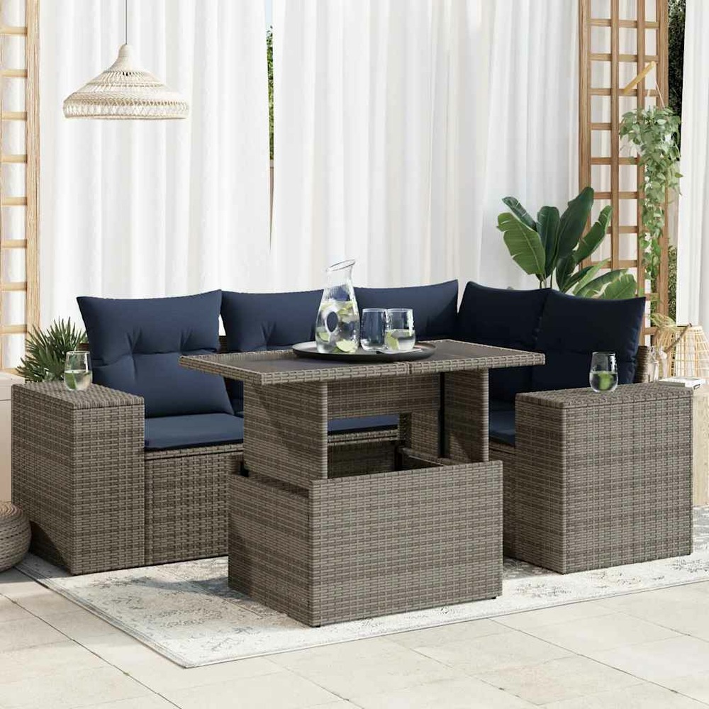 Salon de jardin avec coussins 5 pcs gris résine tressée