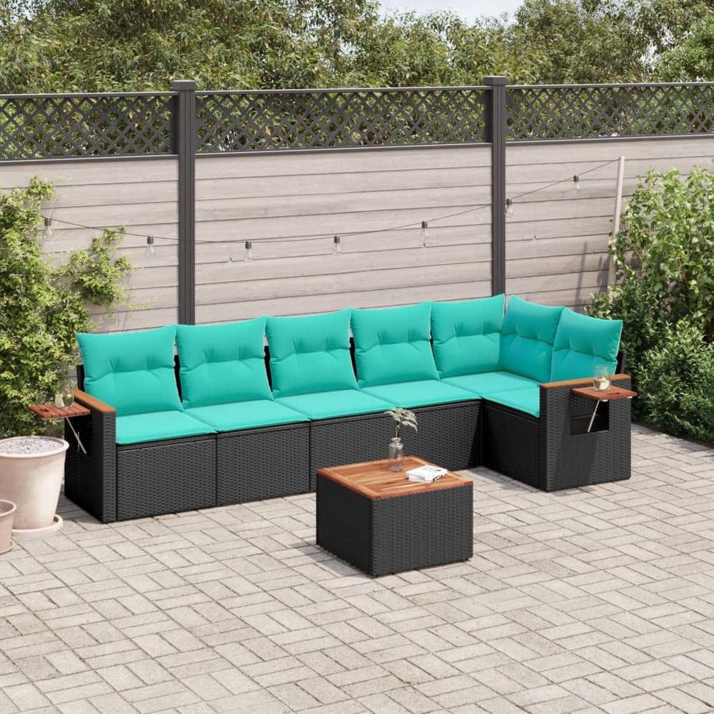 Salon de jardin 7 pcs avec coussins noir résine tressée