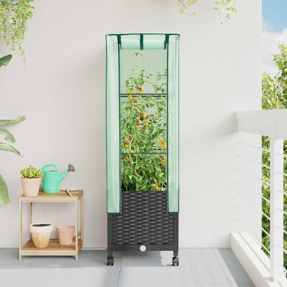 Jardinière serre surélevée polypropylène jardin terrasse abri plantes roues 40x40cm noir