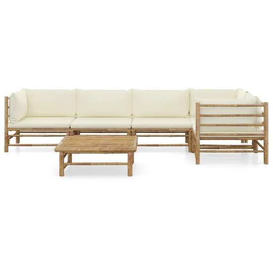 Salon de jardin 6 pcs avec coussins blanc crème bambou