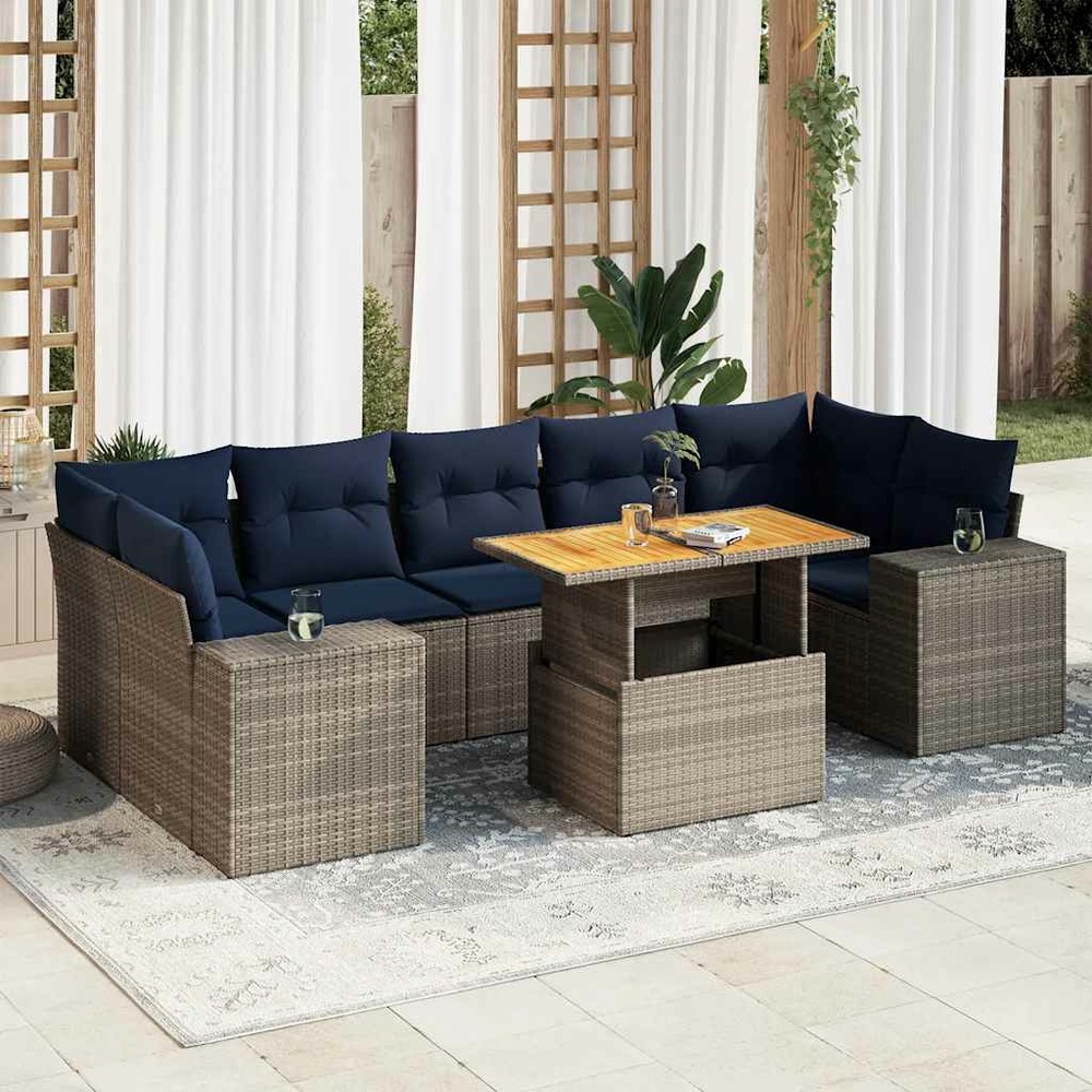 Salon de jardin 8 pcs avec coussins gris résine tressée