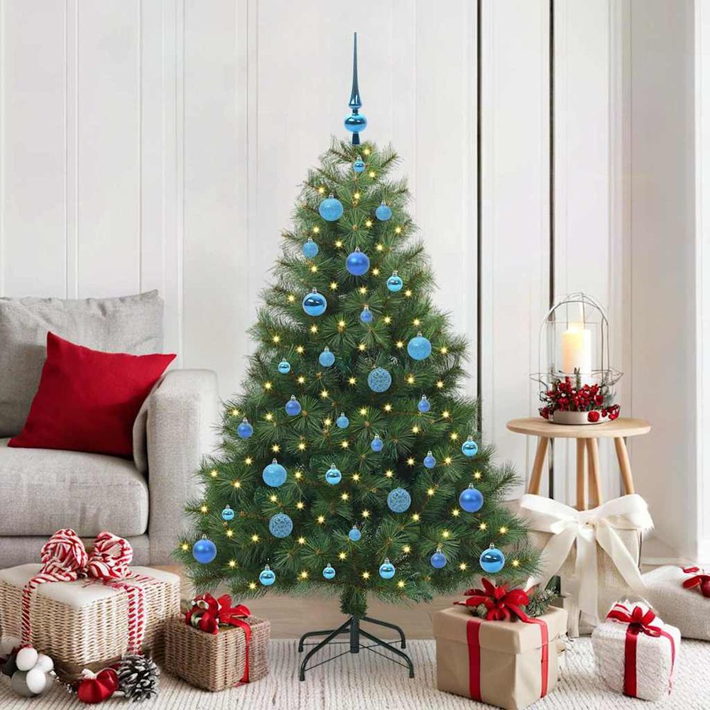 Pack sapin de noël artificiel 150 cm, décorations et lumières 150 led fournies